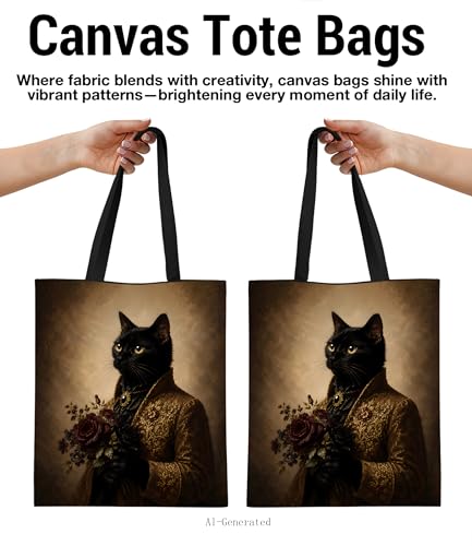 Image of Cute Cat Canvas Tote Bag for Women， Aesthetic Reusable Shoulder Bag for Shopping Travel Work
