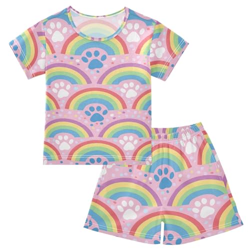 ALAZA Rainbow Cat Paw Print Stylish Pajamas Short Sleeve 2 Piece Sleepwear Top and Bottom Pajama Set Unisex