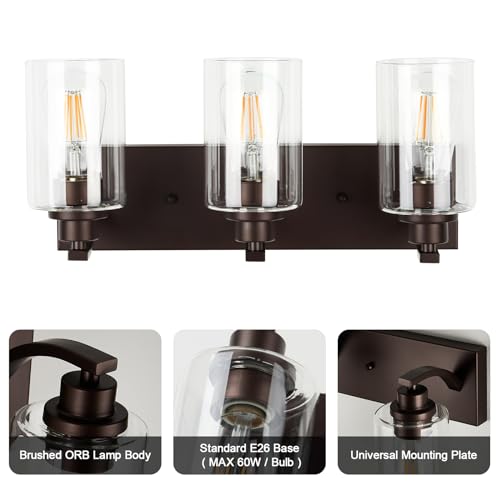 Image of 3-Light Bathroom Light Fixtures Modern ORB Vanity Lights | Easy to Install Clear Glass Shades, Wall Mount Up or Down, E26 Socket, Hardwired, 121V