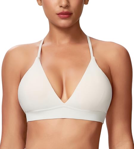 SPVISE White Womens Longline Triangle Bralette V-Neck Workout Sports Bras Crop Top Comfy Padded Adjustable Strap Everyday Bra