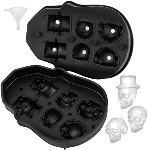 VEVOR Skull Ice Cube Tray, 6-Grid Skull Ice Ball Maker, Flexible Black Silicone Ice Tray with Lid & Funnel, Skull Ice Cubes in 3 Distinct Patterns for Beverages & Chocolates on Parties & Holidays