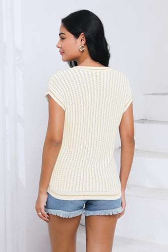 Image of SAUKOLE Summer Crochet Tops for Women Fashion Striped Casual Cap Sleeve Shirts Loose Knit Sweater Vest