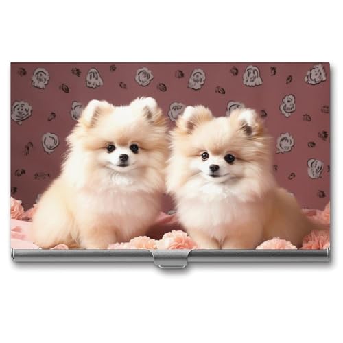Business Card Holder Metal Slim Business Card Case Pomeranians Puppies And Point Professional Cards Organizer Pocket Name Cards Case Credit Holder Wallet for Men Women Buckle Style Shut