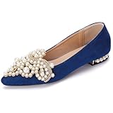 YJJQMYYCPA Flats for Women Bling Rhinestone Pointed Flat Shoes Comfort Slip on Low Heel Wedding Dress Shoes Ballet Flat Shoe Blue 10.5