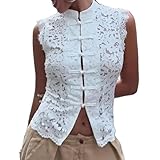 BABWWNIX Women's Sexy Y2K Coquette Lace Tank Top Sheer Floral Cutout High Neck Slim Crop Tops Sleeveless Night Out Camisole (B-White, S)