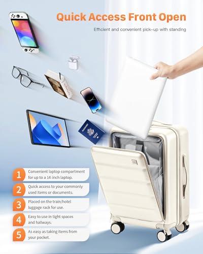 20 IN Carry On Luggage 22x14x9 Airline Approved - Front Pocket Hardside Travel Suitcase Unbreakable -with Cup Holder,Charging Port,Side Pothook, 360°Spinner Wheels, TSA Lock-White2