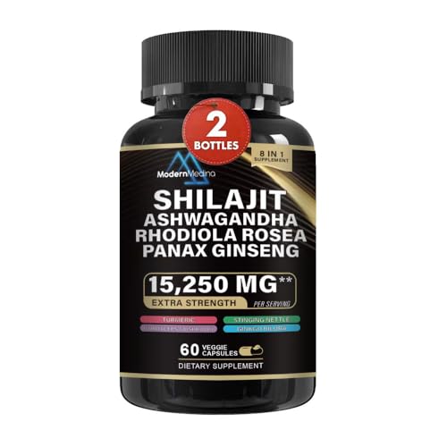 8-in-1 Herbal Supplement with Ashwagandha, Rhodiola Rosea, Ginseng & Shilajit – Natural Dietary Supplement, 120 Capsules