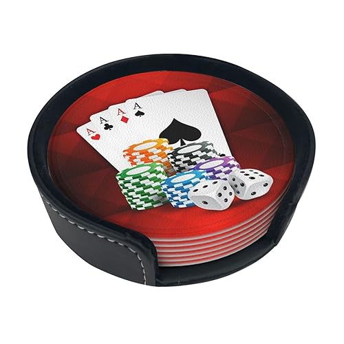 Image of Playing Cards and Dice Coasters for Drinks Set of 6 with Holder Non-Slip Leather Coaster Round Drink Coaster for Tabletop Protection, Cup Mat for Coffee Table Decor