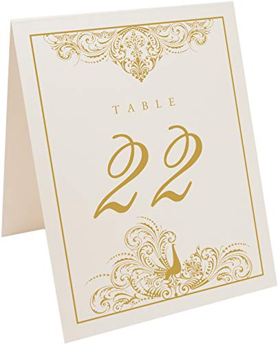 Peacock Flourish Wedding Table Numbers (Select Color/Quantity), Champagne, Gold, 1-15, Double Sided, Tent or Use in a Stand, Great for Parties & Restaurants - Made in the USA