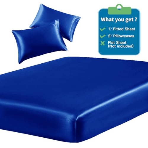 Image of SiinvdaBZX 3-Piece Set Satin Full Fitted Sheet & 2 Pillowcase, Royal Blue Silky Soft Fitted Bottom Sheet, Wrinkle Free, Fade Resistant, Deep Pocket Bed Sheet (Deep Up to 15 inch)