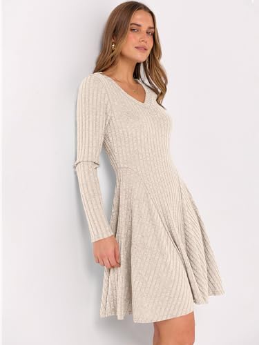 ANRABESS Women Long Sleeve Ribbed Knit Short Dresses 2026 Spring V Neck Casual Swing A Line Sweater Dress Beige X-Large