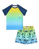 UV Badebekleidung Junge Set Gr 110-158, Zweiteiliger UPF 50+ Schwimmanzug Kinder mit Badeshirt UV Kinder & Badehose Jungen, Teen UV Shirt Hawaii, Gelb-Blau 11 Jahre/146