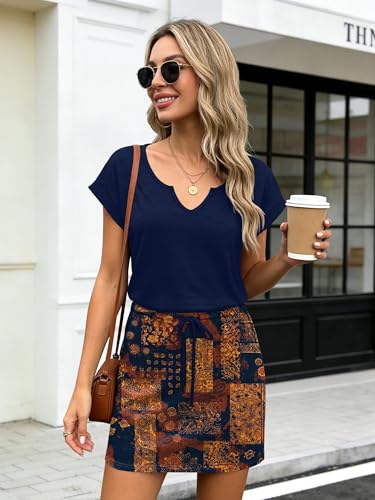 Image of SAUKOLE Women Summer T Shirt Dress Casual Short Sleeve V Neck Dress with Pockets Drawstring Waist Short Dresses
