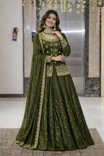 Image of Suppar Sleave Women's Chanderi Silk Embroidered Kurta Set with Lehenga Style Bottom & Dupatta | Bollywood Style Embroidery lehenga Choli Set For Woman
