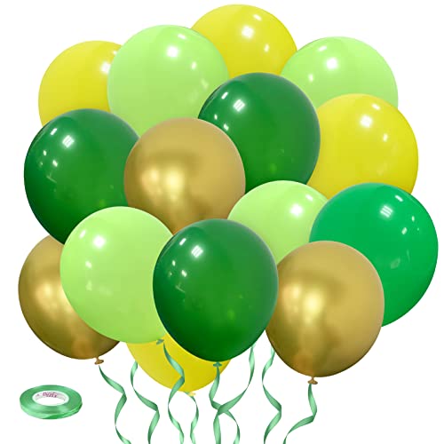 Jungle Décorations Anniversaire Ballon, 50 Pièces Ballon Or Vert, 12 Pouces Ballon Vert et Or, Ballon Foncé Vert Jaune et Vert Foret pour Bébé Fête Anniversaire Mariage Décoration