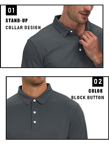 Tacvasen Work Polo Shirts For Men Loose Fit Mens Golf Polo Long Sleeve Quick Dry Polo Shirts For Men Performance Polo Shirts For Men Dark Grey #TOP3