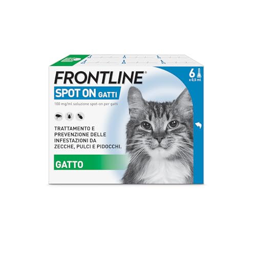 FRONTLINE Spot On, 6 Pipette, Gatto, Antiparassitario per Gatti e Gattini di Lunga Durata, Protegge da Zecche, Pulci e Pidocchi, Antipulci in Confezione da 6 Pipette da 0.5 ml