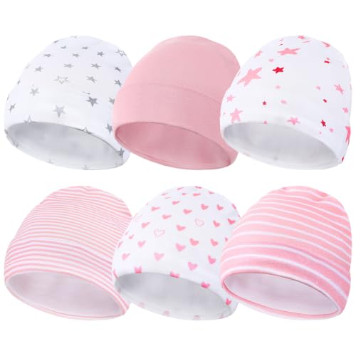 Newcotte 6 Pcs Preemie Baby Hats Cotton Preemie Caps Warm Newborn Beanie Premature Hat for Nicu Premature Boy Girl(Pink Color Striped and Heart Style)