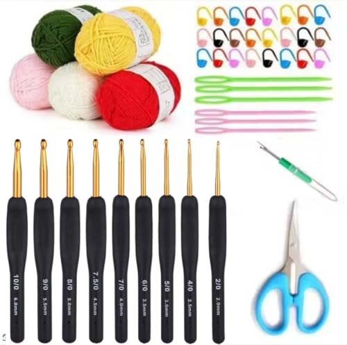 Image of Ergonomic Crochet Hook Set with Soft Grip Handles (2.0-6.0mm) - Black & Gold Aluminum Crochet Hooks for Arthritic Hands, Complete Beginner Crochet Kit with Yarn, Stitch Markers, Needles & Scissors (gold hook kit)