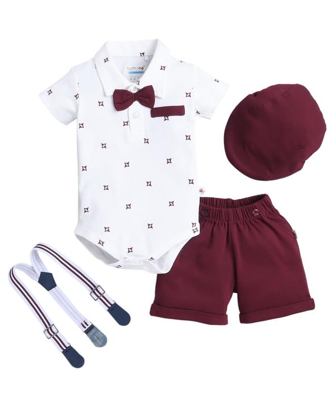 BUMZEE Baby Boys Cotton Striped Half Sleeves Bodysuit & Short Set With Bow Suspender & Cap