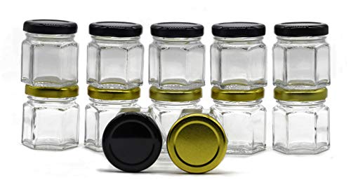 Image of Cute Hexagonal 50 Grams Airtight Glass Jar Containers for Honey, Spices & Other Kitchen Items with Rust Proof Gold & Black Color Caps -Set of 12