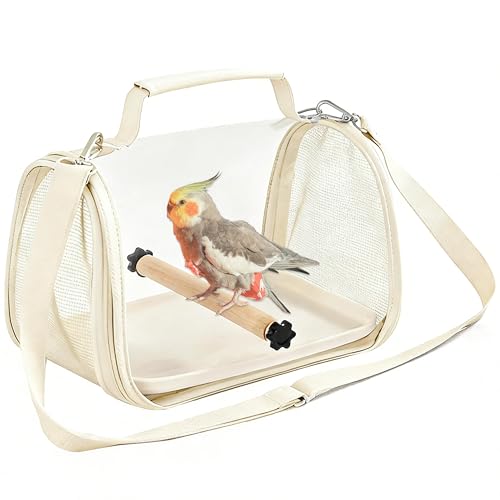 Gxdamxz Transportín para Aves con Palo de Madera & Bandeja, Jaula para Periquitos, Loros, Animales Pequeños, 33x23x21cm - Bird Bag White