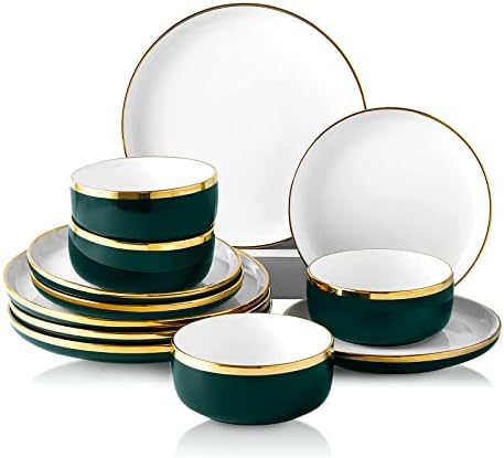 Pokini Reactive Glaze Dinnerware Sets, 12 Piece Luxury Bone China Dishware Sets, Gilt Rim Plates and Bowls Sets for 4