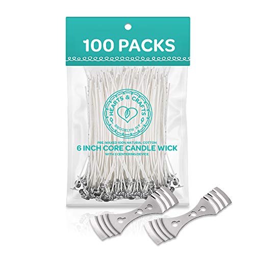 Hearts & Crafts Candle Wicks - 100% Natural Cotton, Pre-Waxed, Low Smoke 6" Wicks For Diy Candle Making, 100 Wicks Plus 2 Centering Devices #TOP7
