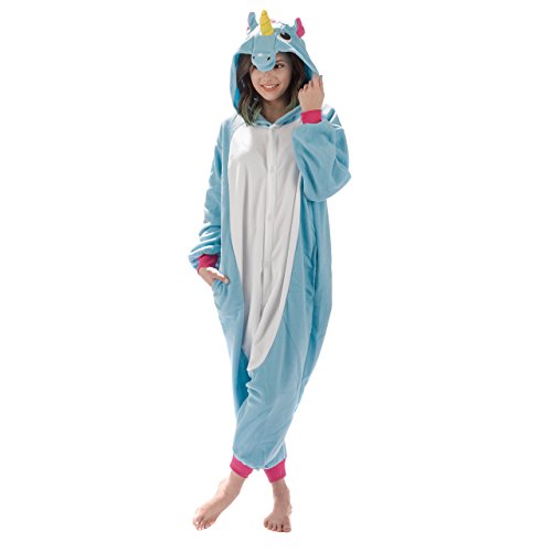 Emolly Fashion Adult Unicorn Animal Onesie Costume Pajamas for Adults and Teens (Medium, Blue)
