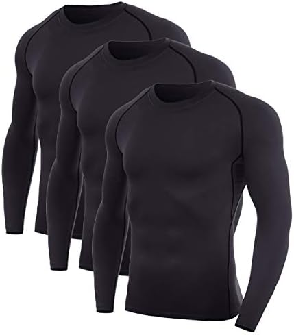 SILKWORLD Men's Long-Sleeve Compression Shirt Base-Layer Running Top, 3 Pack: Black#3, XXL