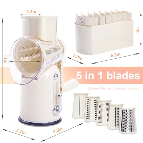 ENERGEVITY Manual Rotary Cheese Grater with Handle, 5 in 1 Replaceable Stainless Blades Cheese Shredder,Strong Suction Base Vegetable Slicer with Cleaning Brush & Bonus Storage Box for Blades (white) — view 2