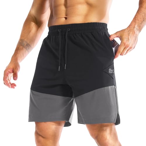 BROKIG Mens Running Shorts,11" Knee Length Lightweight Loose Fit Gym Athletic Sports Tennis Football Shorts Zip Pockets(Large,Black)