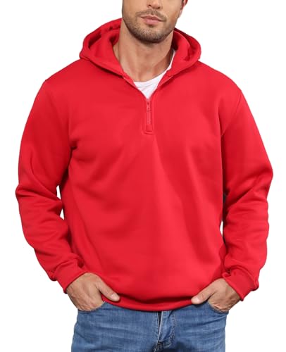 JIHUILAI Red Men's Quarter Zip Pullover Hoodies Half Zip Hoodie Men Long Sleeve Hoodie Fleece Casual...