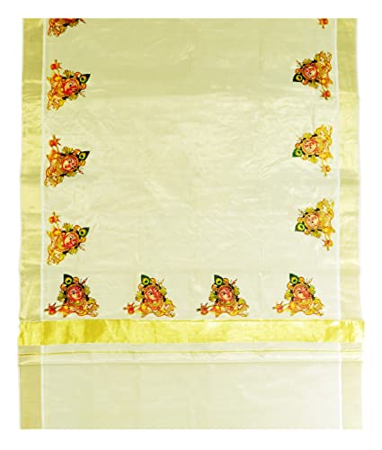 Image of Women's Mural Printed Kerala Gold Tissue Saree with Running Blouse Piece | Traditional South Indian Ethnic Saree for Festivals, Weddings & Special Occasions