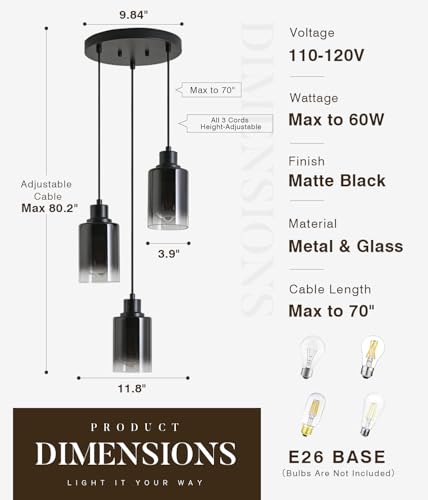 Image of 3-Light Black Pendant Lighting, Adjustable Modern Pendant Lights for Kitchen Island, Industrial Cluster Hanging Lights for Dining Table Hallway Bedroom Living Room