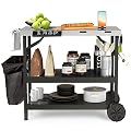 GOFLAME 3-Shelf Outdoor Grill Dining Cart, Movable Food Prep Cart Table with Adjustable Shelf, Stainless Steel Table Top, Kitchen Cart Island Table on 2 Wheels, Heavy Duty BBQ Flattop Worktable
