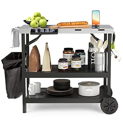 GOFLAME 3-Shelf Outdoor Grill Dining Cart, Movable Food Prep Cart Table with Adjustable Shelf, Stainless Steel Table Top, Kitchen Cart Island Table on 2 Wheels, Heavy Duty BBQ Flattop Worktable