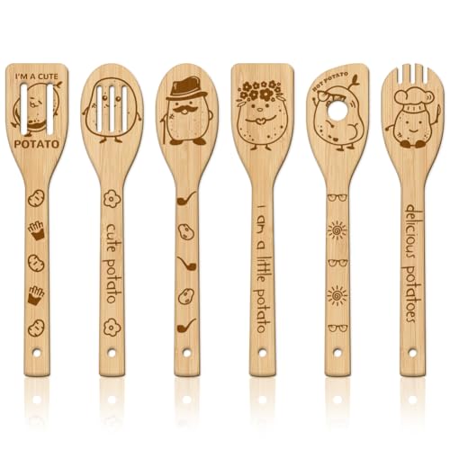 GLOBLELAND Juego de 6 cucharas de madera divertidas para patatas, juego de utensilios de cocina de bambú para tallar, juego de espátulas de cocina grabadas de madera para cocina, regalo divertido de