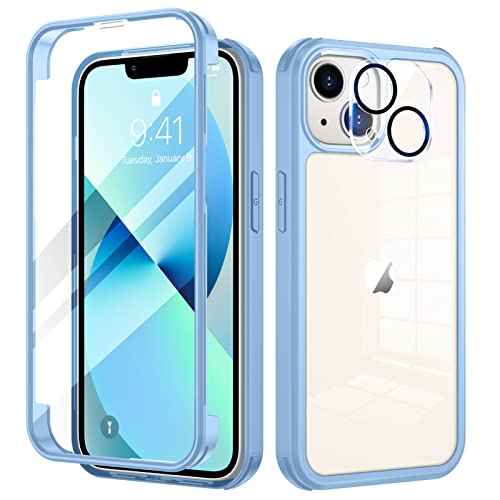 seacosmo Funda para iPhone 13 Mini 5.4'' con Protector de Pantalla Incorporada Cristal Templado y Lente de cámara [9H HD], Anti  Arañazos Antigolpes 360° Carcasa iPhone 13 Mini Transparente, Azul