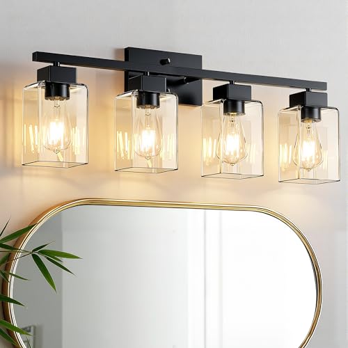 PARTPHONER 4-Light Bathroom Light Fixtures, Matte Black Modern Vanity Lights,