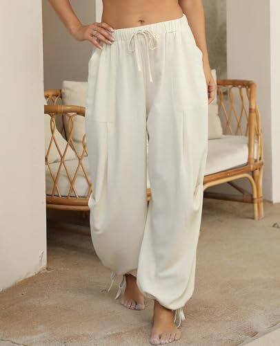 Image of Women's Linen Balloon Barrel Beach Pants Boho Harem Flowy Drawstring Casual Loose Pants with Pockets