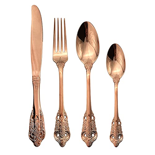 JANKNG Mirror Polished Copper Silverware Set, 24-Piece 18/10 Stainless Steel Rose Gold Flatware Set Service for 6, Kitchen Utensil Set, Tableware Cutlery Set for Home and Restaurant Dishwasher Safe
