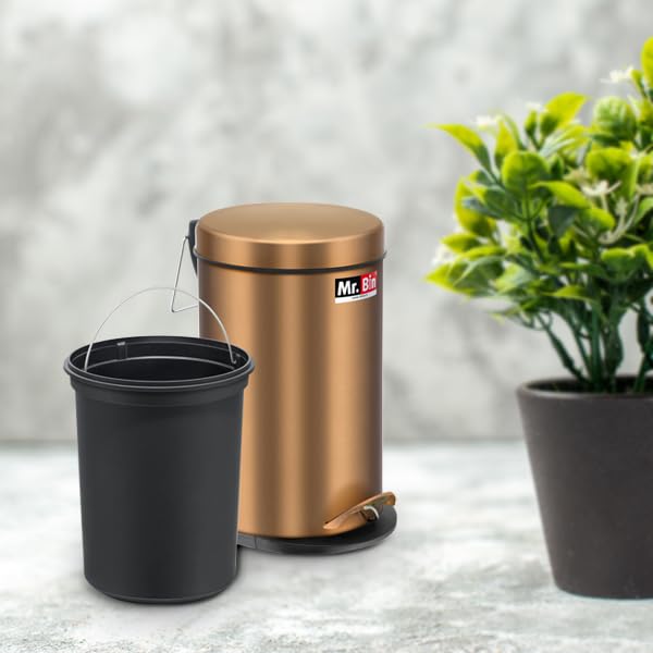 Image of Mr. Bin Dustbin Stainless Steel 202 Gold Pedal Bin with Plastic Bucket and Lid | 8 inch x 13 inch Garbage Bin | Trash Can | Round Shape Dustbin for Home, Bathroom, Kitchen & Office | 7 Liter
