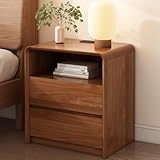 Modern Nightstand for Bedroom, Walnut Finish,2 Storage Drawers Side Table,21.6-Inch Wide with Charging Station & Curved Anti-Collision Design,Natural Texture.
