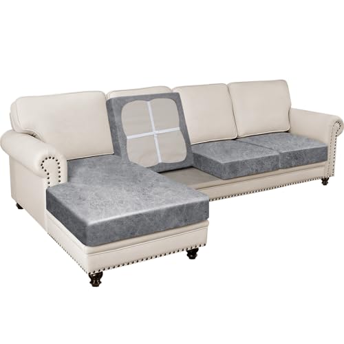 Pfrstuv 4PCS Couch Cushion Covers for Sectional Sofa Leather Look L Shape Couch Both Left/Right Chaise Lounge Separate Cushion Sofa Seat Slipcovers (3 Seater + 1 Chaise, Light Grey)
