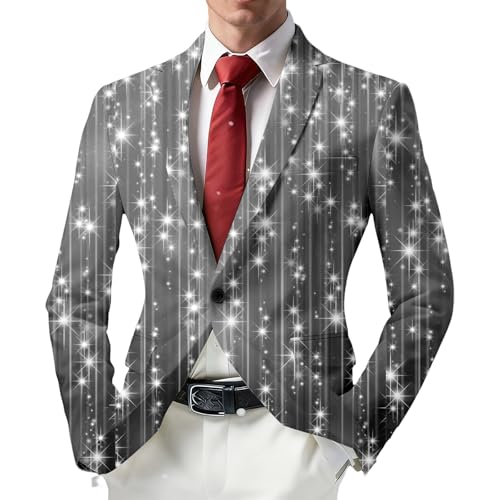 Generisch Sequin Jacket Men's Slim Fit Blazer with Glitter Print Baggy Sporty Suit Jacket Regular Fit One Button Tuxedo Jacket for Wedding Party Suit Coat Fancy Dress Costumes, silver, 3XL