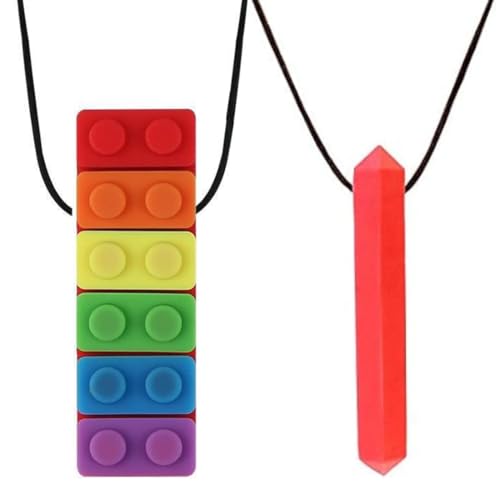 WUSJCOF 2 Piezas Collar de Masticación Sensorial, Buena Flexibilidad, Colgante de Silicona para Masticar, Juguete de Masticación para Autismo en Niños, Collar de Masticación para Niños y Niñas