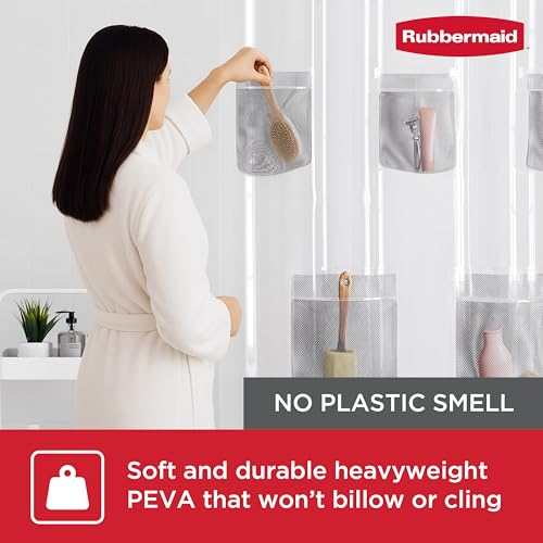 Image of Rubbermaid Clear Waterproof Shower Curtain Liner with 5 Storage Pockets, Heavyweight 8g PEVA Shower Liner for Bathroom, with Gray Rustproof Grommets and Pockets, 70x72, Standard Size, Clear
