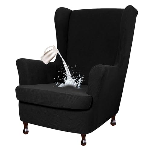 GUYIRT Wing Back Chair Covers with Arms Waterproof, Lazy Boy Wingback Recliner Chair Covers Slipcovers 2 Piece, Cat Proof Chair Covers Anti Scratch (Black)