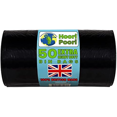 HooriPoori 50 Large Black Heavy Duty Bin Bags, 30 μm Strong Leak & Tear Resistant Dustbin Bags Roll, 75L Bin Liners, Heavy Duty Bin Bag, Refuse Sacks 100% Recycled Material & Eco Friendly Cover